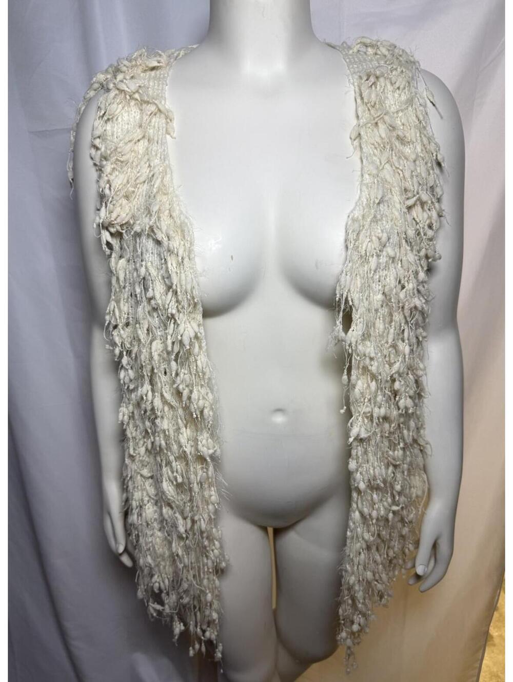 Umgee Womens Medium Ivory Cream Fringe Textured Knit Open Front Vest Cardigan